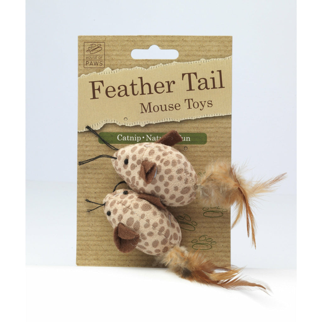 House of Paws Pack of 2 Mice with Feather Tail Cat Toy - PurrfectlyYappy