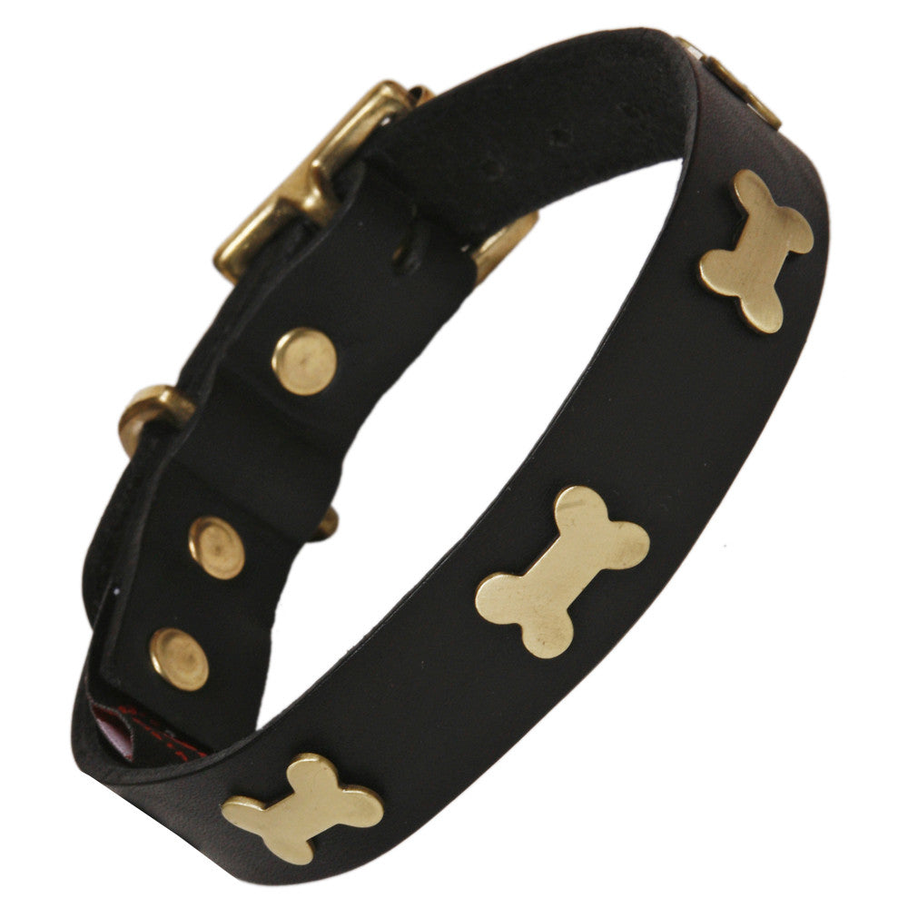 Creature Clothes Brass Bone Handmade Black Leather Dog Collar - PurrfectlyYappy
