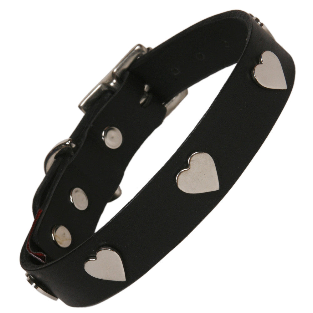 Creature Clothes Silver Heart Handmade Black Leather Dog Collar - PurrfectlyYappy