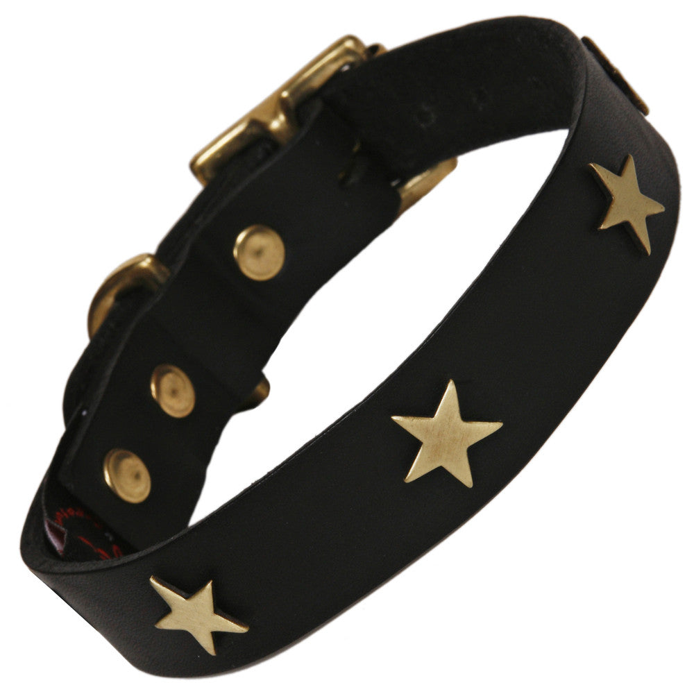 Creature Clothes Brass Star Handmade Black Leather Dog Collar - PurrfectlyYappy