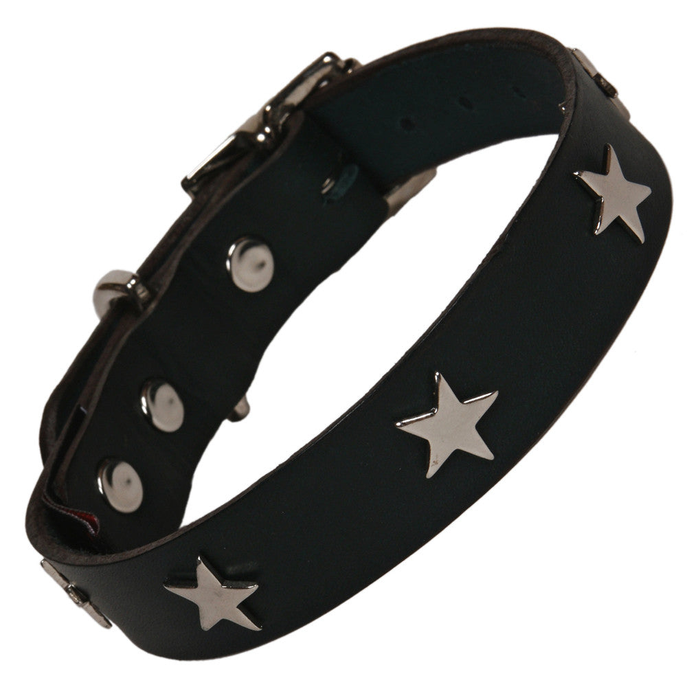 Creature Clothes Silver Star Handmade Black Leather Dog Collar - PurrfectlyYappy