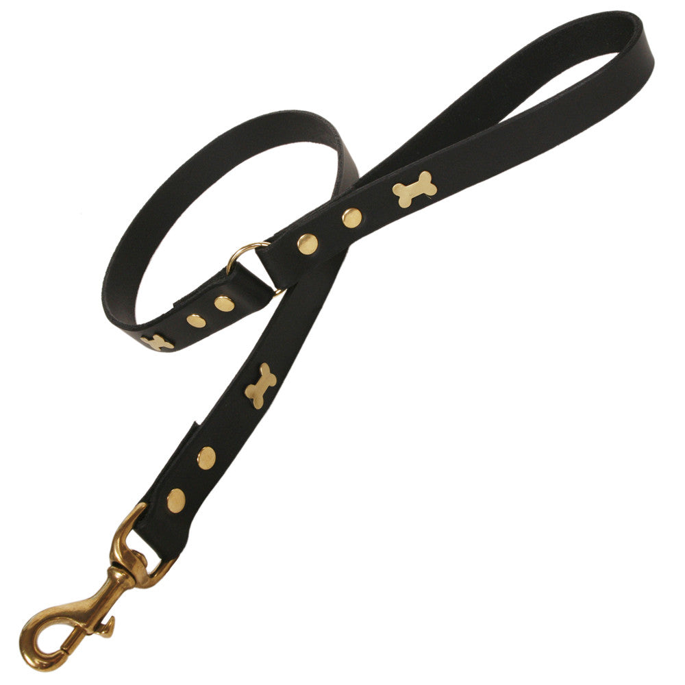 Creature Clothes Black Leather Dog Lead with Brass Bone Studs - PurrfectlyYappy
