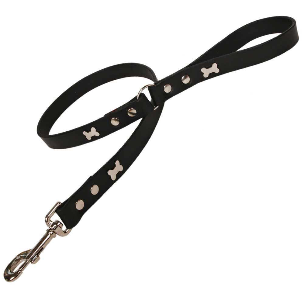 Creature Clothes Black Leather Dog Lead with Silver Bone Studs - PurrfectlyYappy