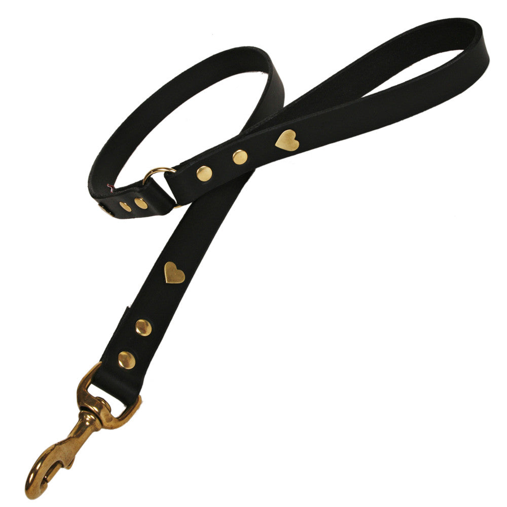 Creature Clothes Black Leather Dog Lead with Brass Heart Studs - PurrfectlyYappy