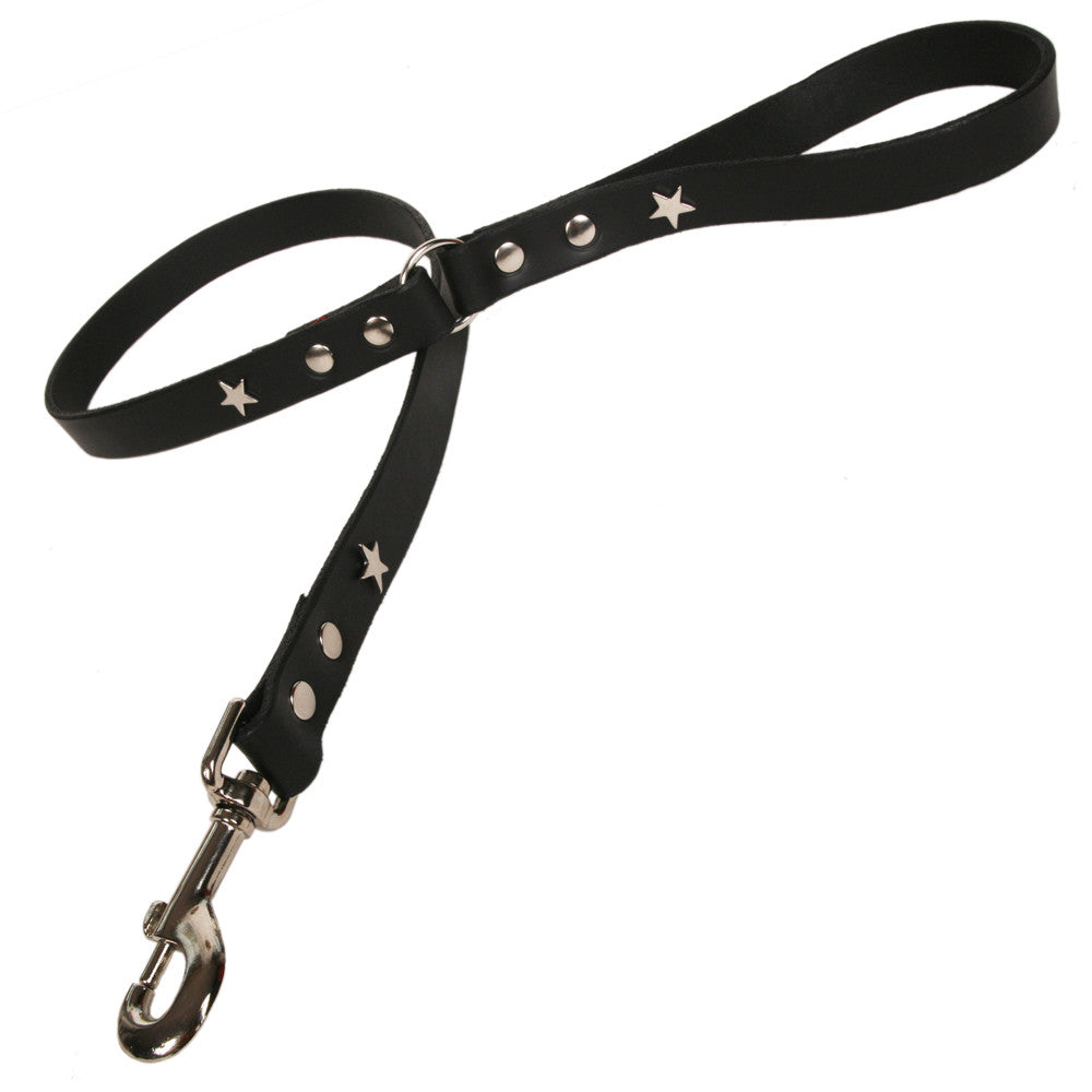 Creature Clothes Black Leather Dog Lead with Silver Star Studs - PurrfectlyYappy