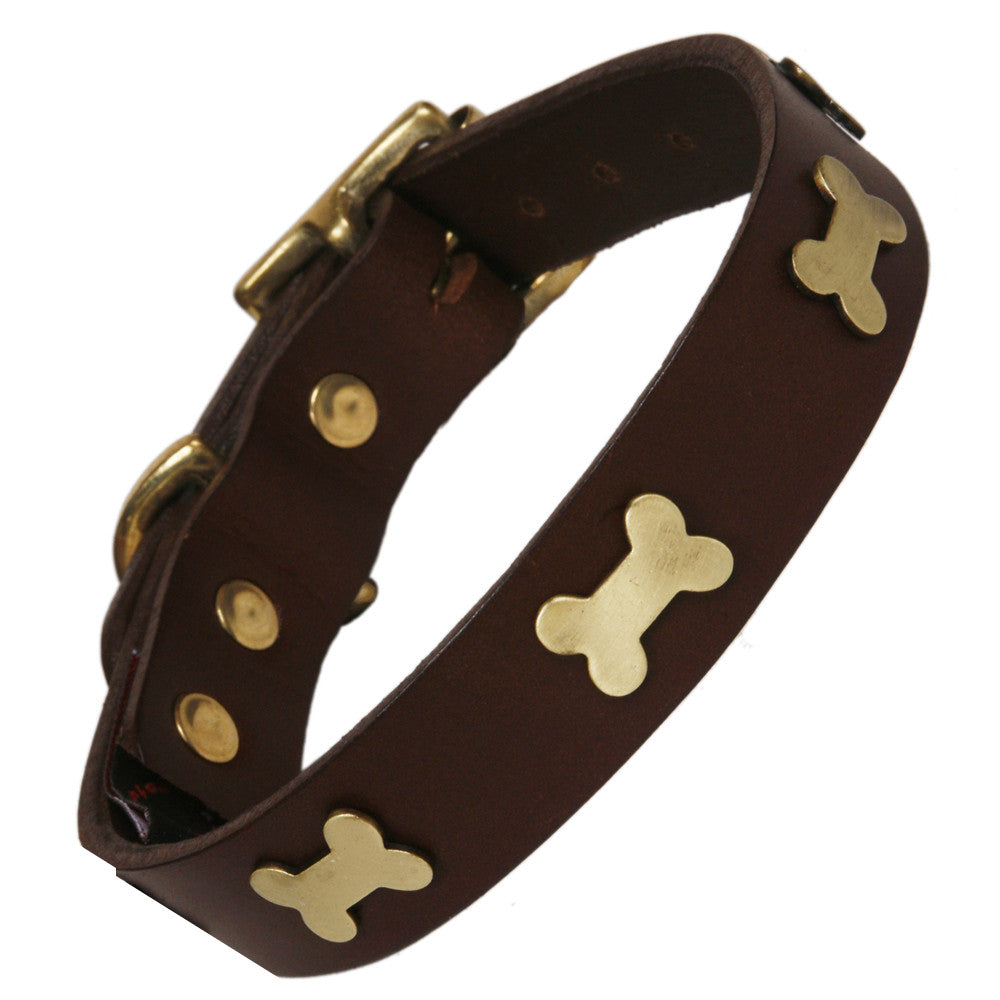 Creature Clothes Brass Bone Handmade Brown Leather Dog Collar - PurrfectlyYappy