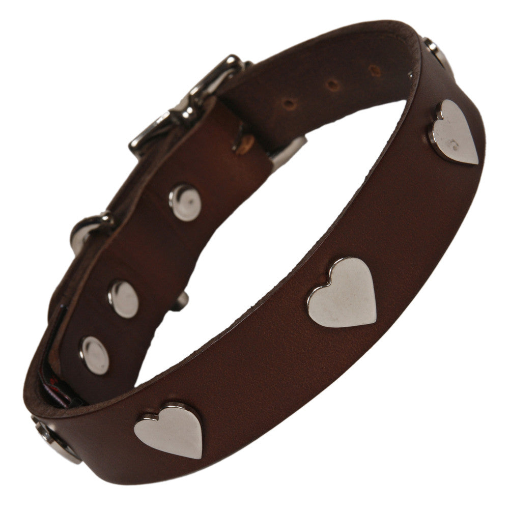 Creature Clothes Silver Heart Handmade Brown Leather Dog Collar - PurrfectlyYappy