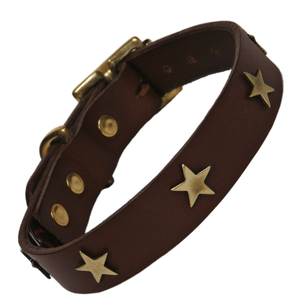 Creature Clothes Brass Star Handmade Brown Leather Dog Collar - PurrfectlyYappy