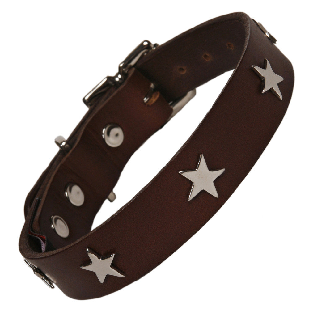 Creature Clothes Silver Star Handmade Brown Leather Dog Collar - PurrfectlyYappy