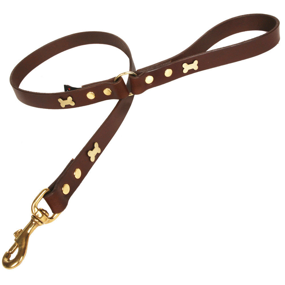 Creature Clothes Brown Leather Dog Lead with Brass Bone Studs - PurrfectlyYappy