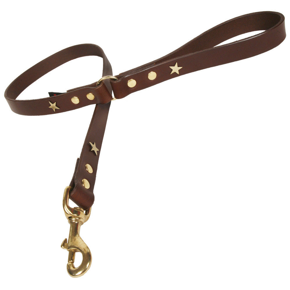 Creature Clothes Brown Leather Dog Lead with Brass Star Studs - PurrfectlyYappy