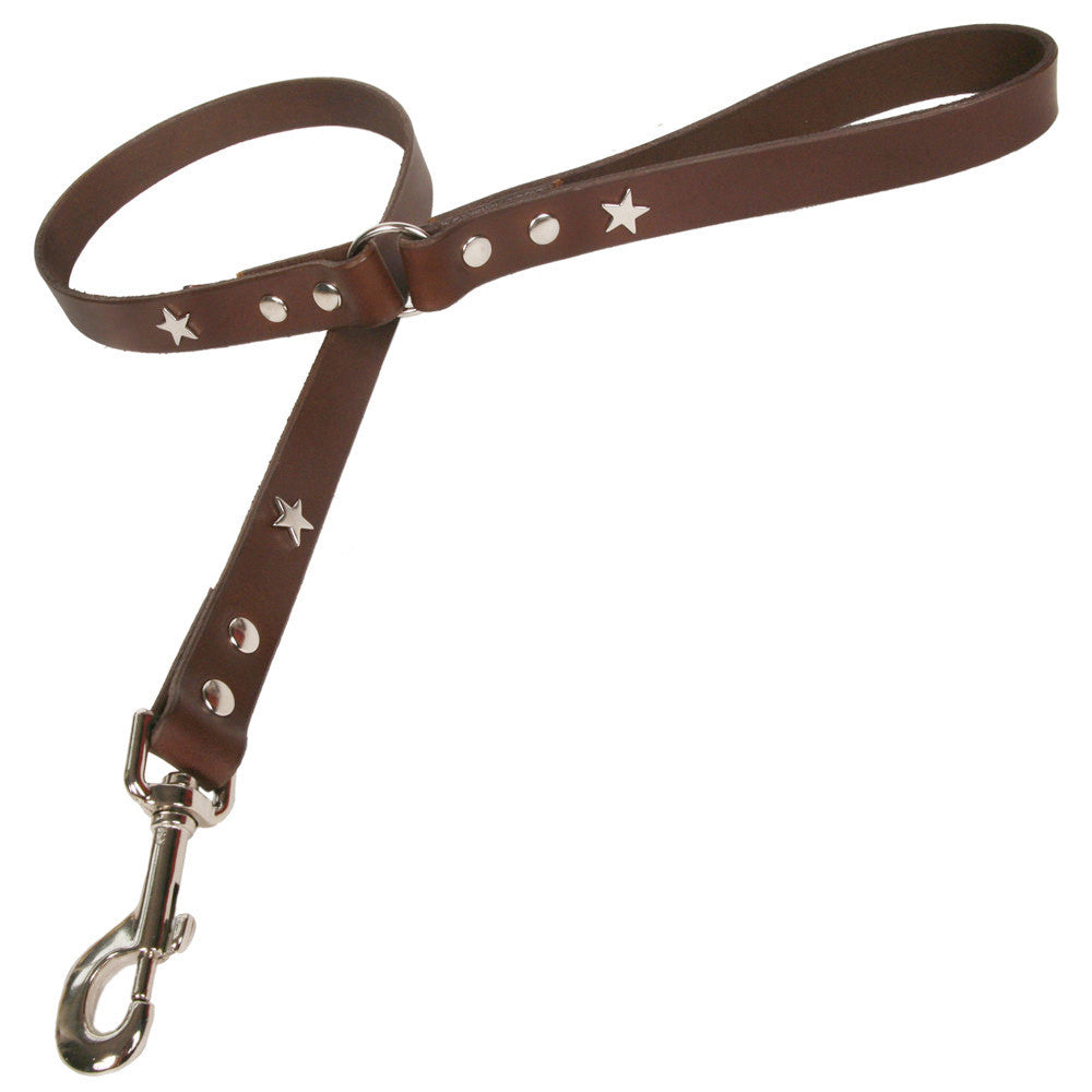 Creature Clothes Brown Leather Dog Lead with Silver Star Studs - PurrfectlyYappy