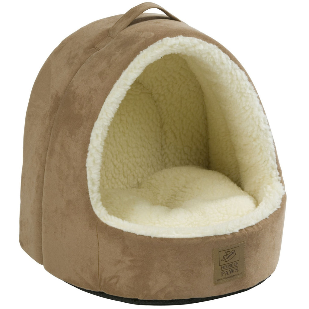 House Of Paws Faux Suede & Sheepskin Hooded Cat Bed - PurrfectlyYappy