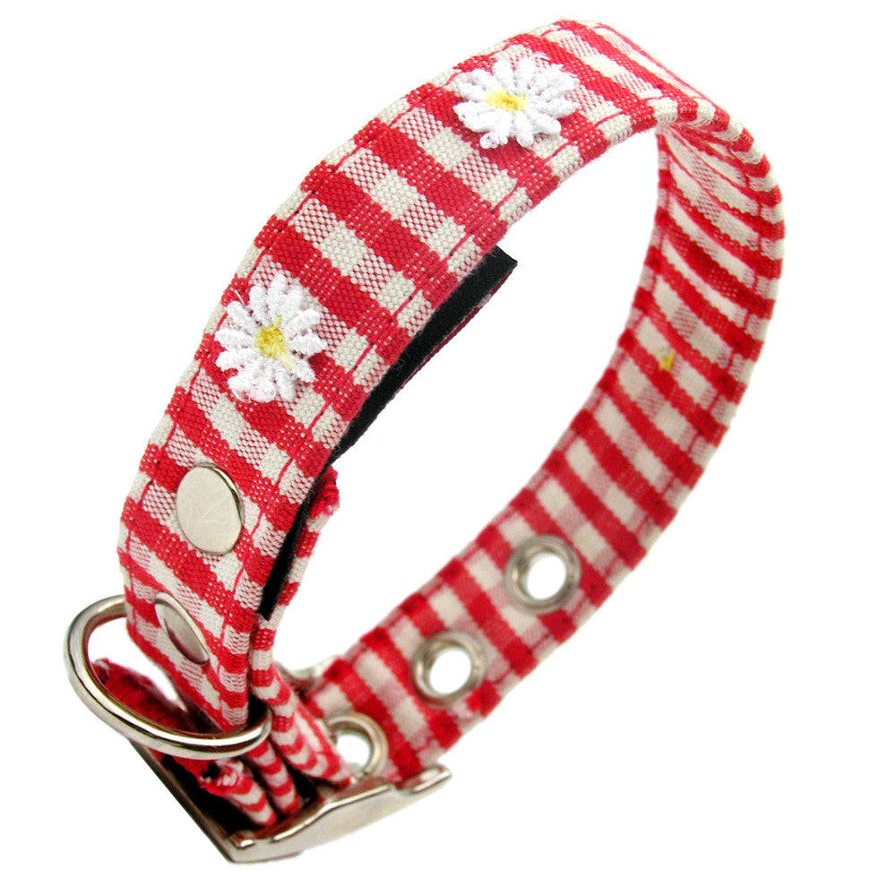 Creature Clothes Red Gingham Daisy Dog Collar - PurrfectlyYappy