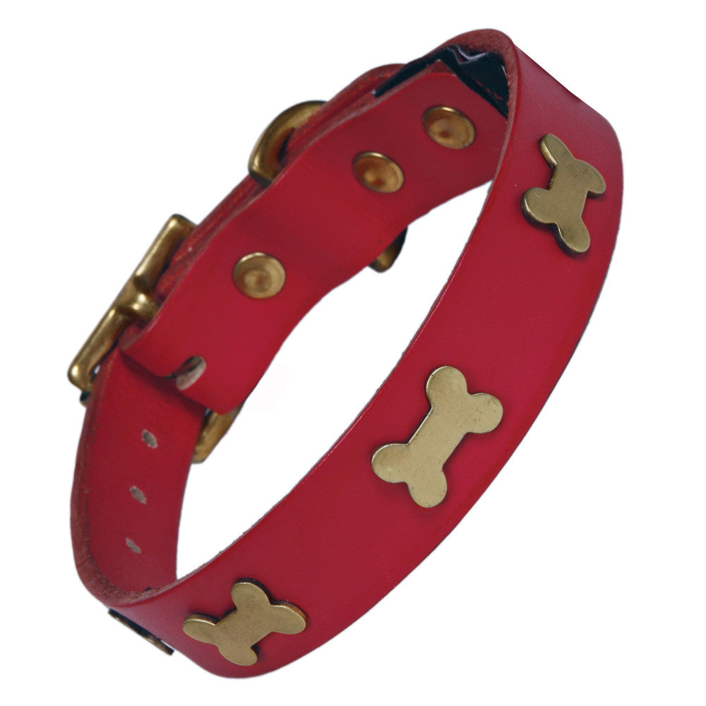 Creature Clothes Brass Bone Handmade Red Leather Dog Collar - PurrfectlyYappy