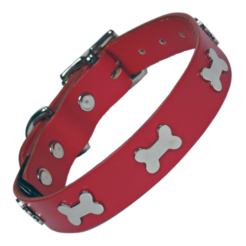Creature Clothes Silver Bone Handmade Red Leather Dog Collar - PurrfectlyYappy