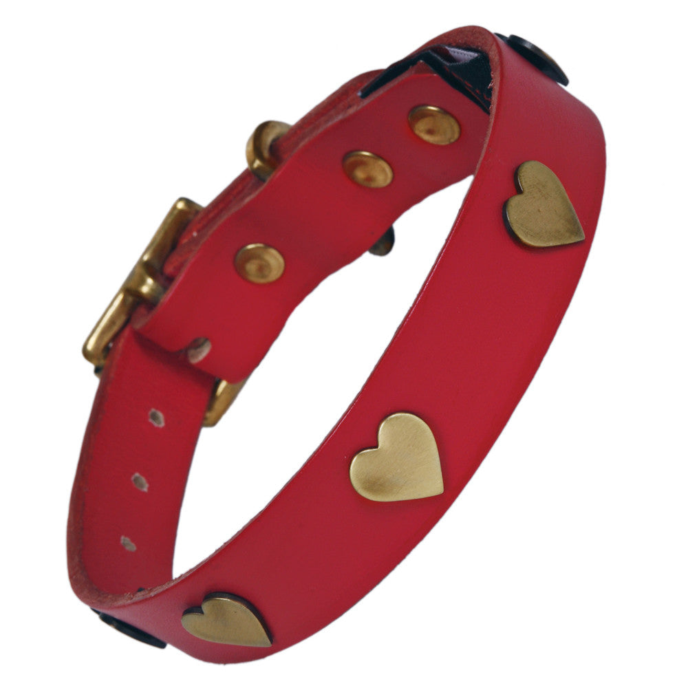 Creature Clothes Brass Heart Handmade Red Leather Dog Collar - PurrfectlyYappy