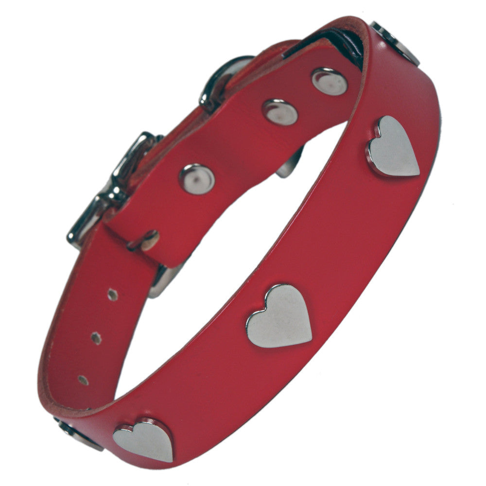 Creature Clothes Silver Heart Handmade Red Leather Dog Collar - PurrfectlyYappy