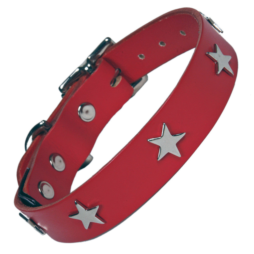 Creature Clothes Silver Star Handmade Red Leather Dog Collar - PurrfectlyYappy