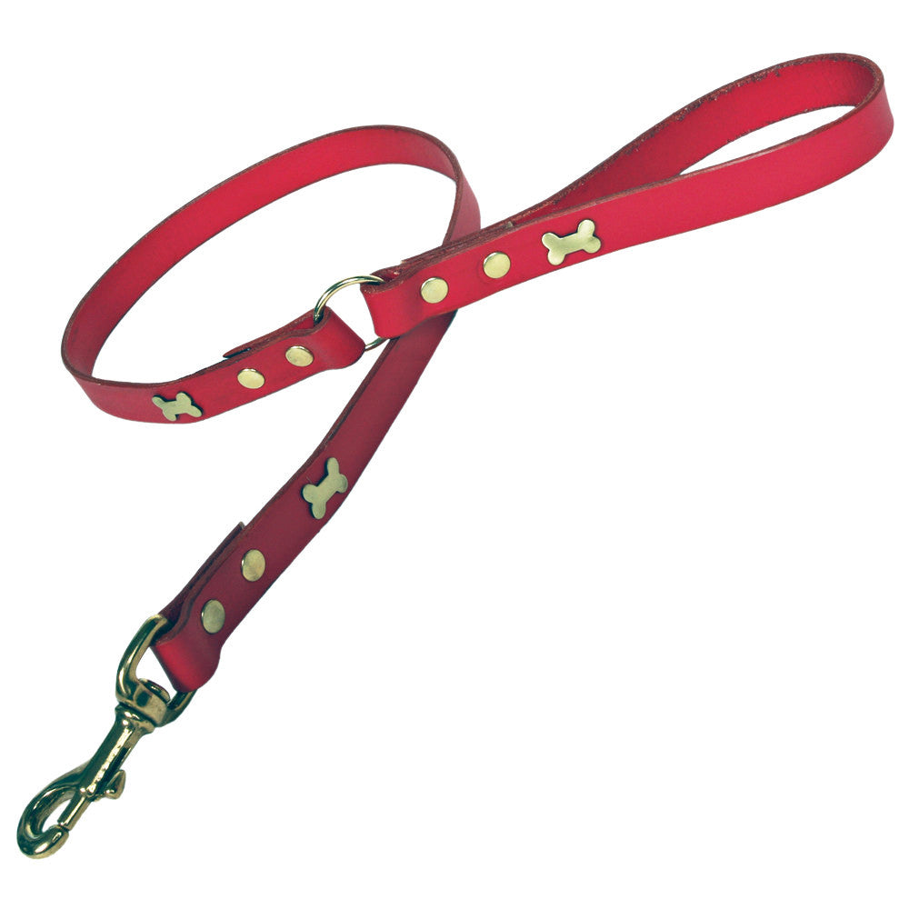 Creature Clothes Red Leather Dog Lead with Brass Bone Studs - PurrfectlyYappy