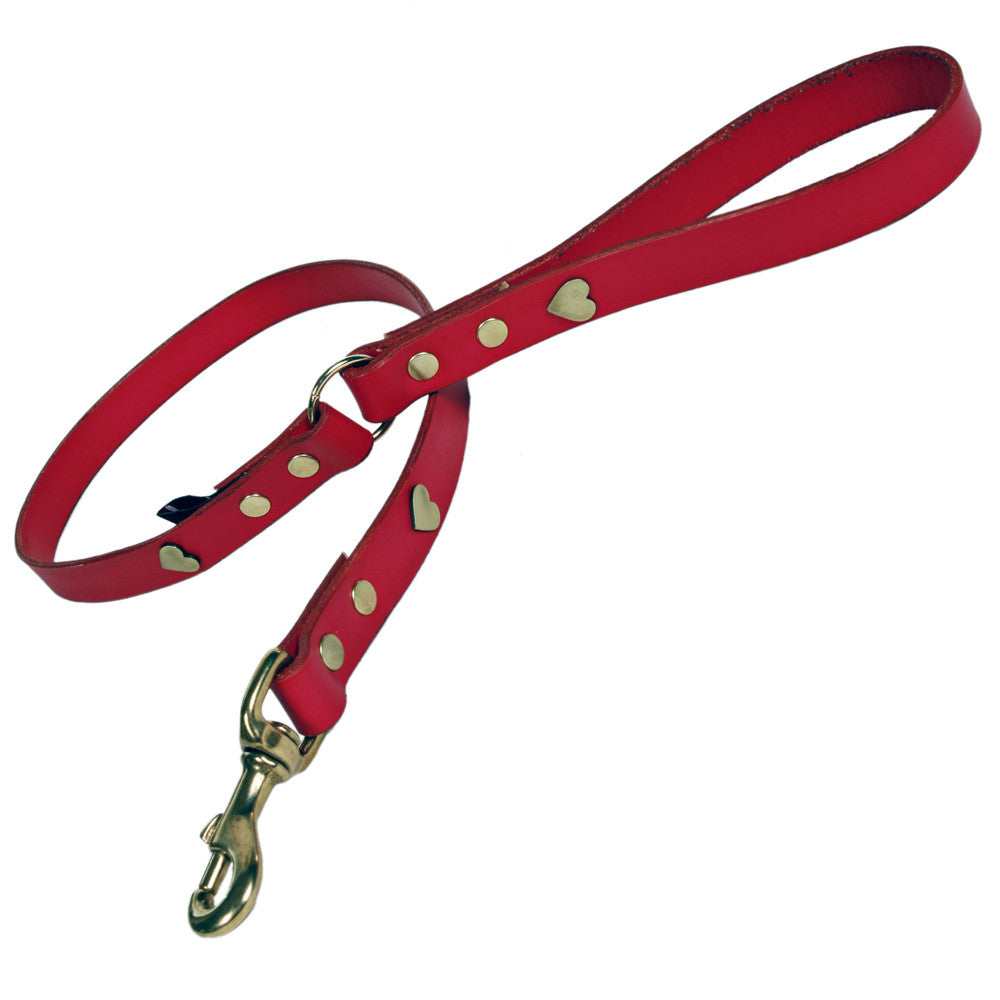 Creature Clothes Red Leather Dog Lead with Brass Heart Studs - PurrfectlyYappy