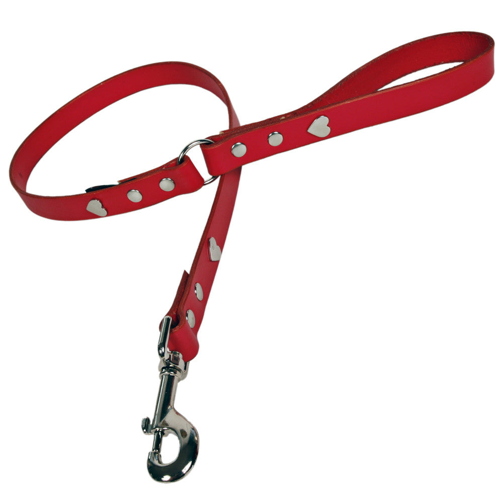 Creature Clothes Red Leather Dog Lead with Silver Heart Studs - PurrfectlyYappy