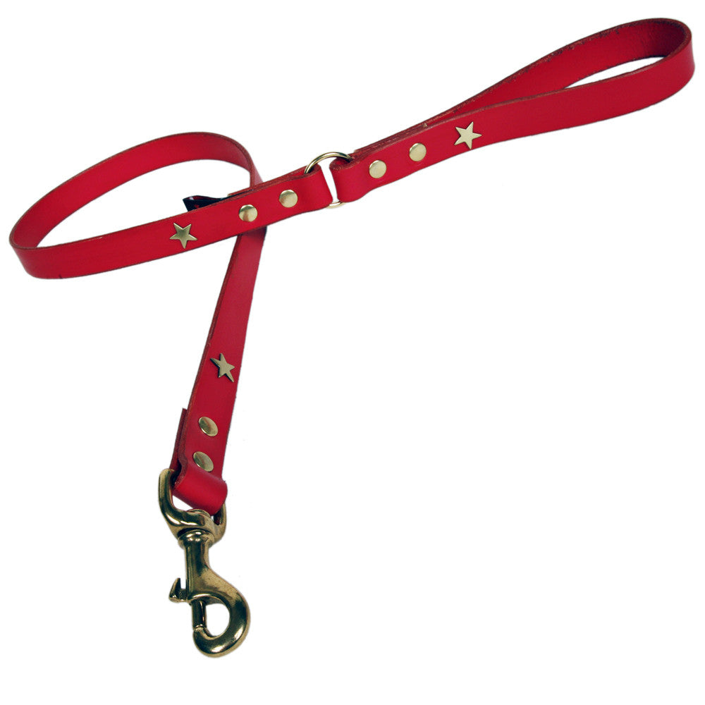 Creature Clothes Red Leather Dog Lead with Brass Star Studs - PurrfectlyYappy