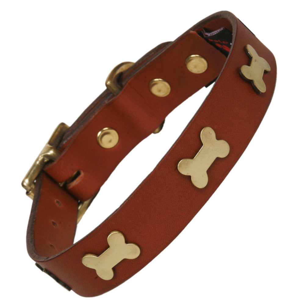 Creature Clothes Brass Bone Handmade Tan Leather Dog Collar - PurrfectlyYappy