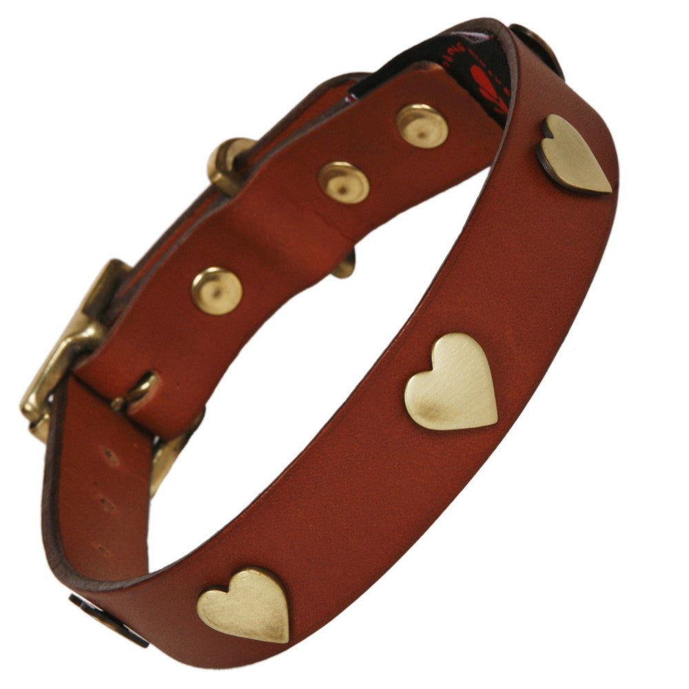 Creature Clothes Brass Heart Handmade Tan Leather Dog Collar - PurrfectlyYappy