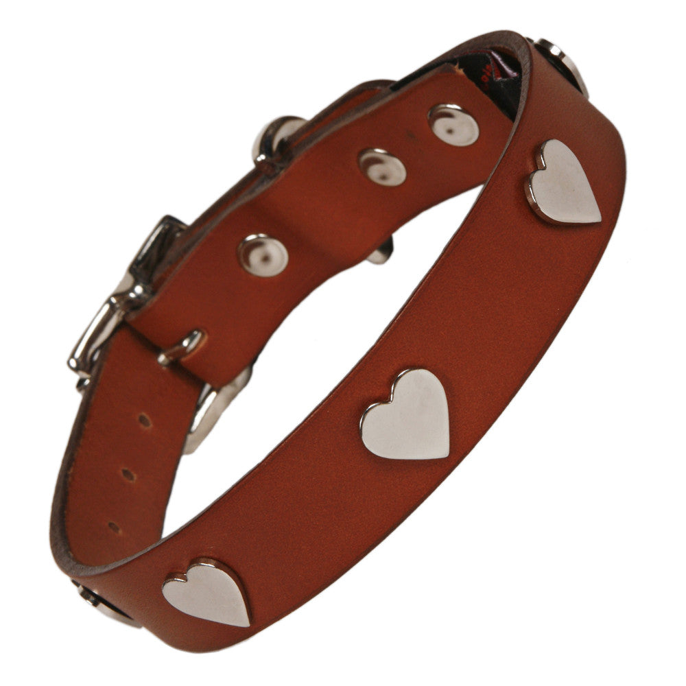 Creature Clothes Silver Heart Handmade Tan Leather Dog Collar - PurrfectlyYappy