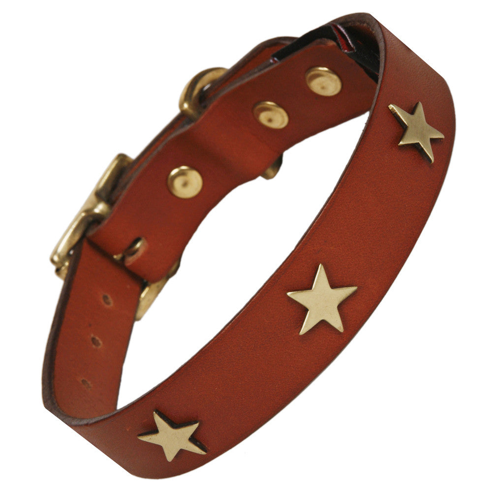 Creature Clothes Brass Star Handmade Tan Leather Dog Collar - PurrfectlyYappy