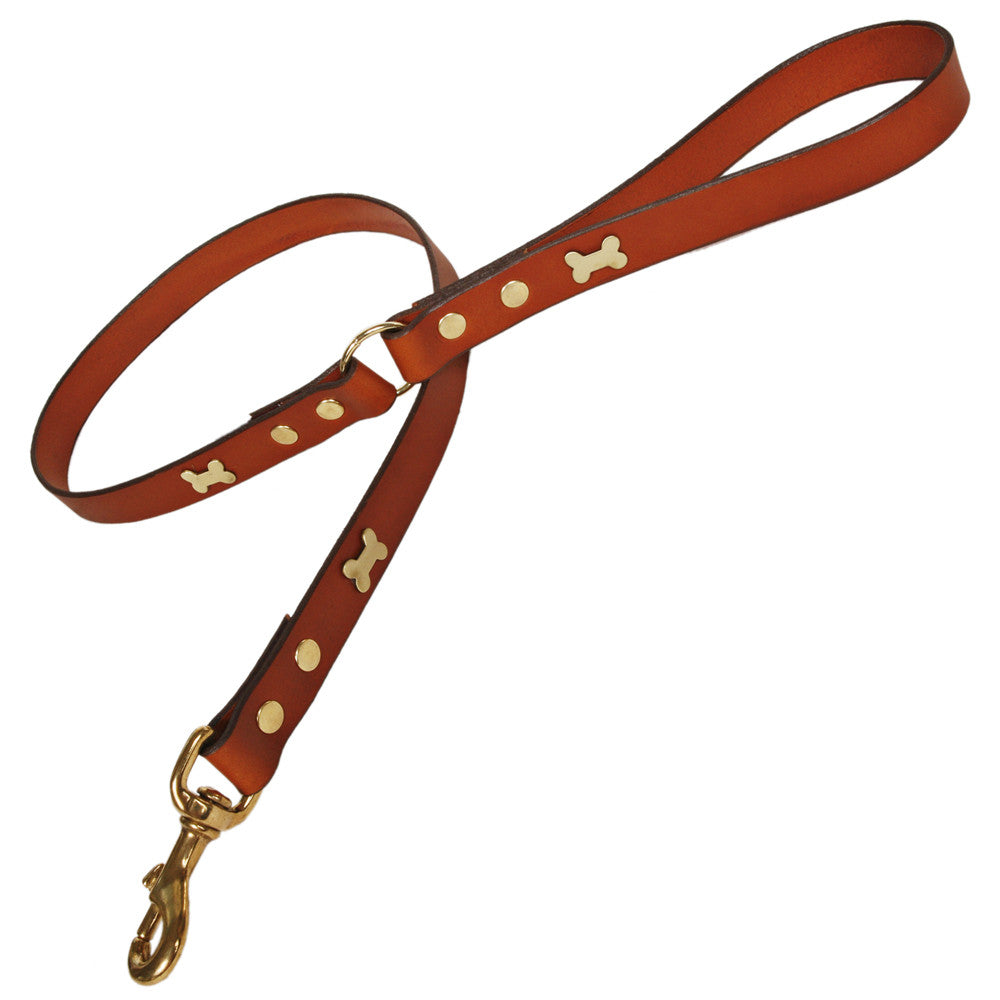 Creature Clothes Tan Leather Dog Lead with Brass Bone Studs - PurrfectlyYappy