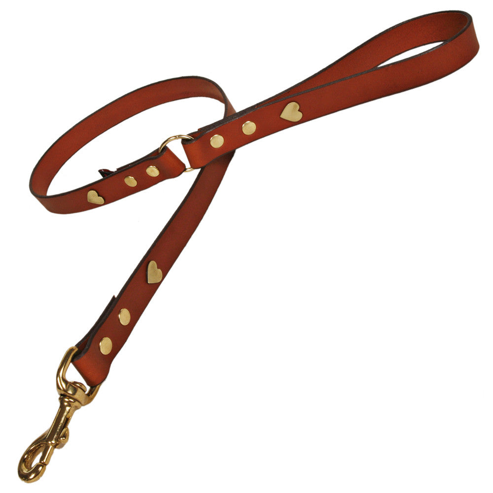 Creature Clothes Tan Leather Dog Lead with Brass Heart Studs - PurrfectlyYappy