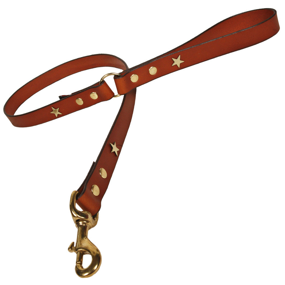 Creature Clothes Tan Leather Dog Lead with Brass Star Studs - PurrfectlyYappy