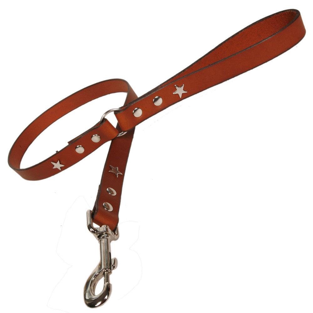 Creature Clothes Tan Leather Dog Lead with Silver Star Studs - PurrfectlyYappy